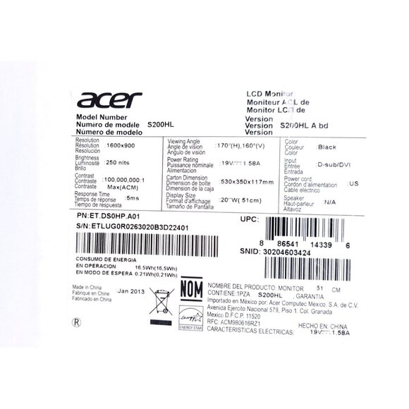 Acer AC Adapter Power Supply for S200HL LCD Monitor Manual Setup CD OEM Original - Picture 5 of 6
